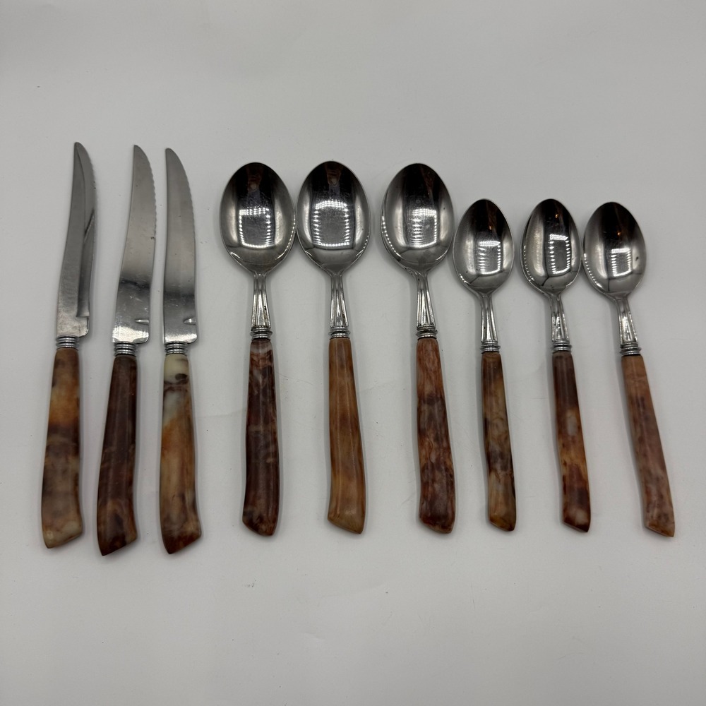 Vintage MB Japan Bakelite Flatware Set 9pc Marbled Brown Hollow Ground Knives